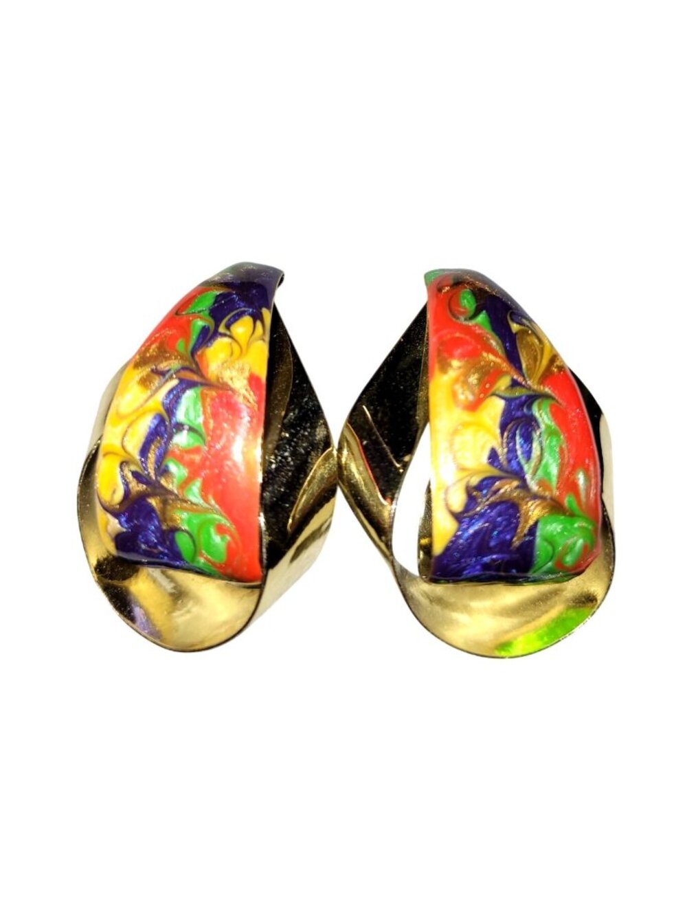 Enamel Statement Earrings Abstract Shape Swirl Pattern Pierced Post Vintage 80's
